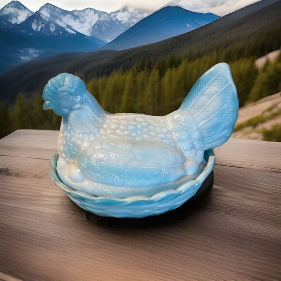 Vintage 2 Piece Blue Milk Glass Hen Sitting on Nest